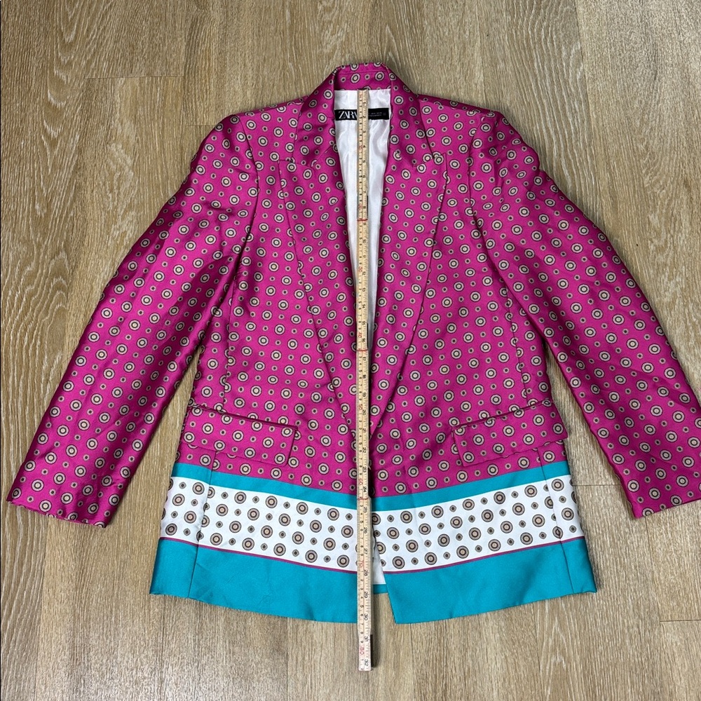Zara Satin Effect Printed Open Front Blazer Jacket Pink Teal Blue size Small - Picture 12 of 14